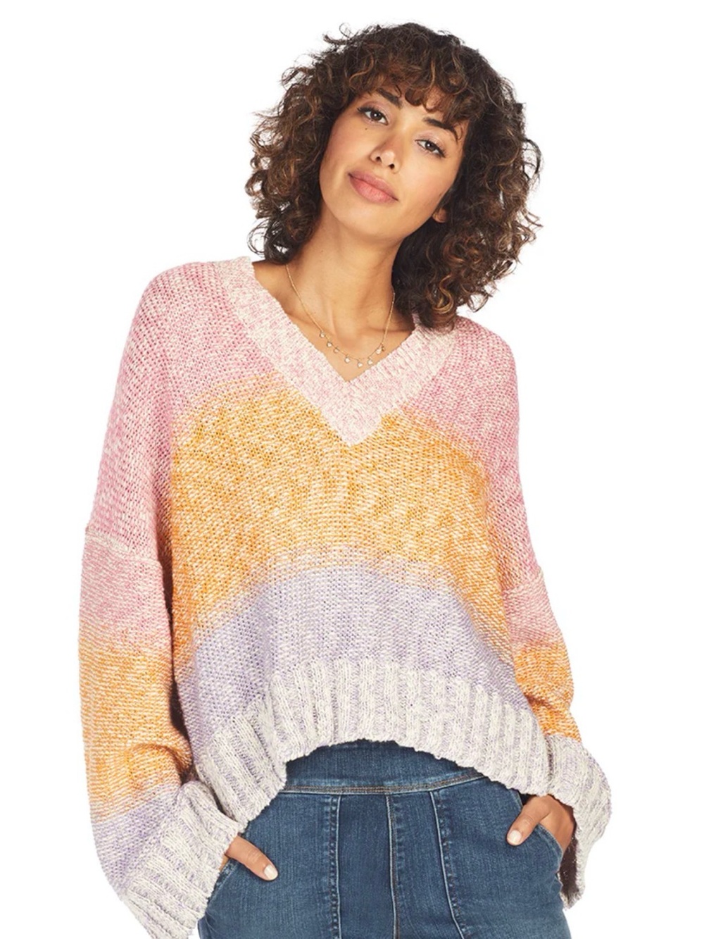 Cozy V-Neck Striped Knit Sweater - Pink, Yellow & Lavender